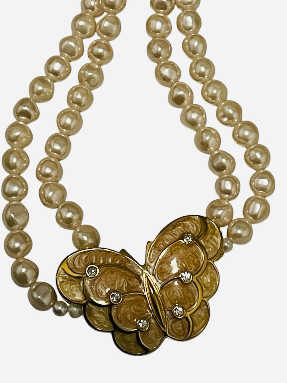 KJL For Avon Necklace Kenneth Jay Lane Enamel Crystal Butterfly White Faux Pearl